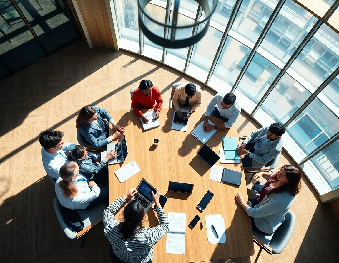 Team of legal professionals strategizing around a conference table in high-rise office, collaborative scene