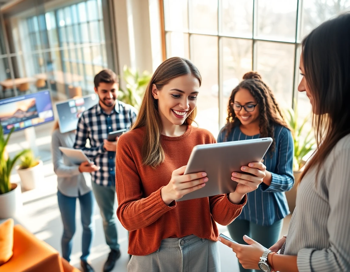 Diverse entrepreneurs collaborating in modern office with digital devices, natural daylight, energetic atmosphere