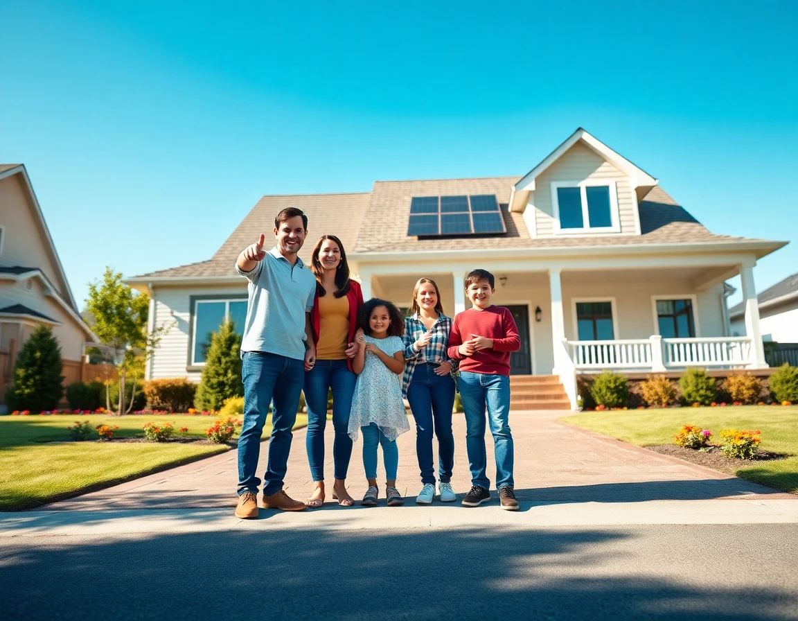 Happy family standing outside modern Bloxburg house during daytime with solar panels and vibrant garden