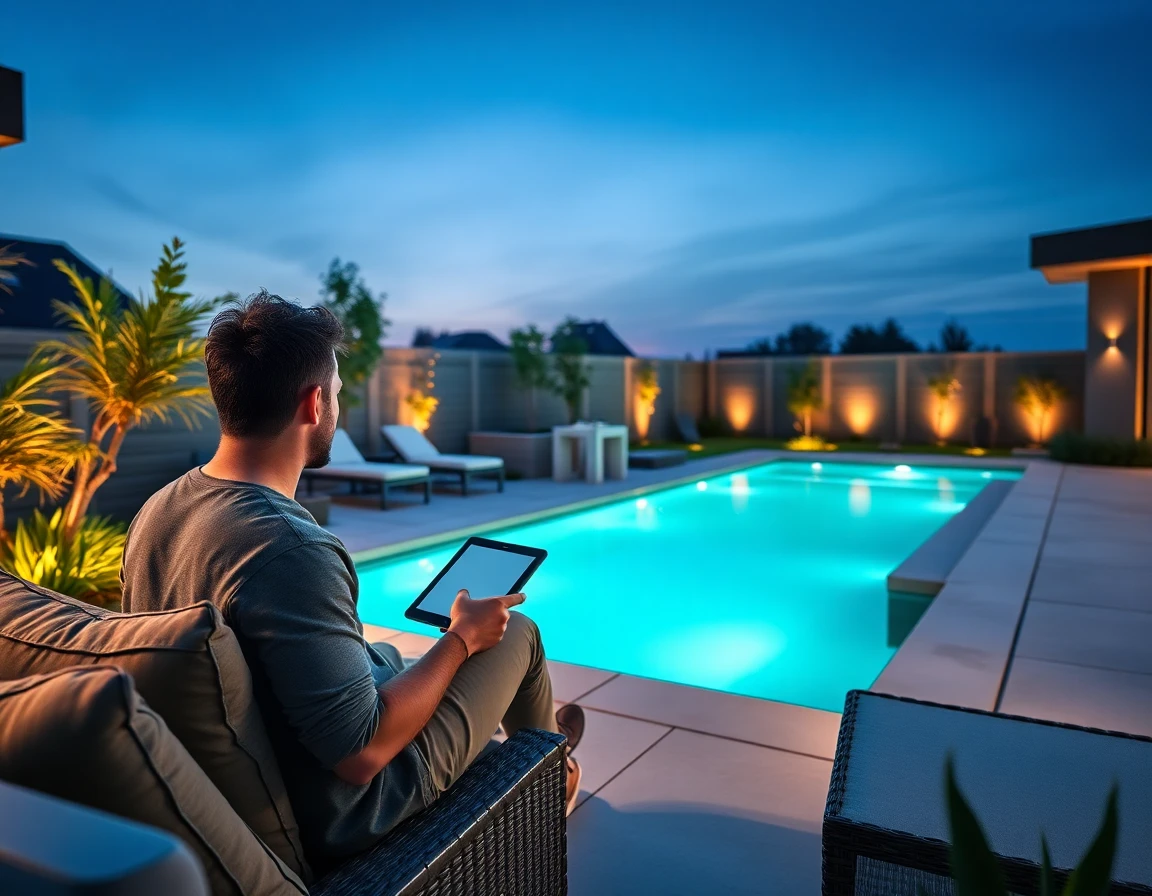 Futuristic Bloxburg backyard at twilight with infinity pool, smart lighting, and modern outdoor furniture