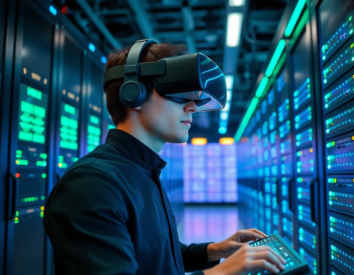 Technician working in server room with VR headset, glowing servers, high-tech and professional atmosphere