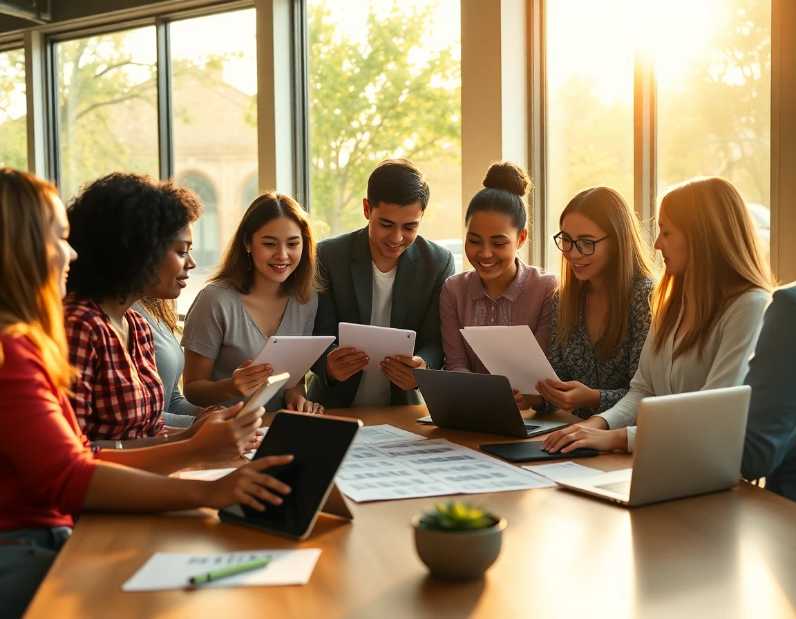Young professionals collaborating on digital strategies in a bright co-working space