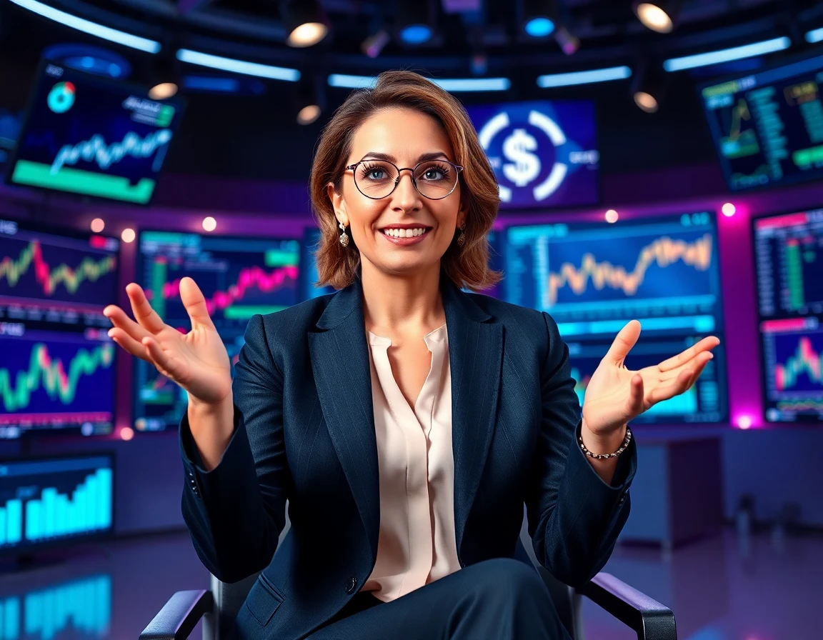 Female financial expert presenting advanced tips with digital screens in studio