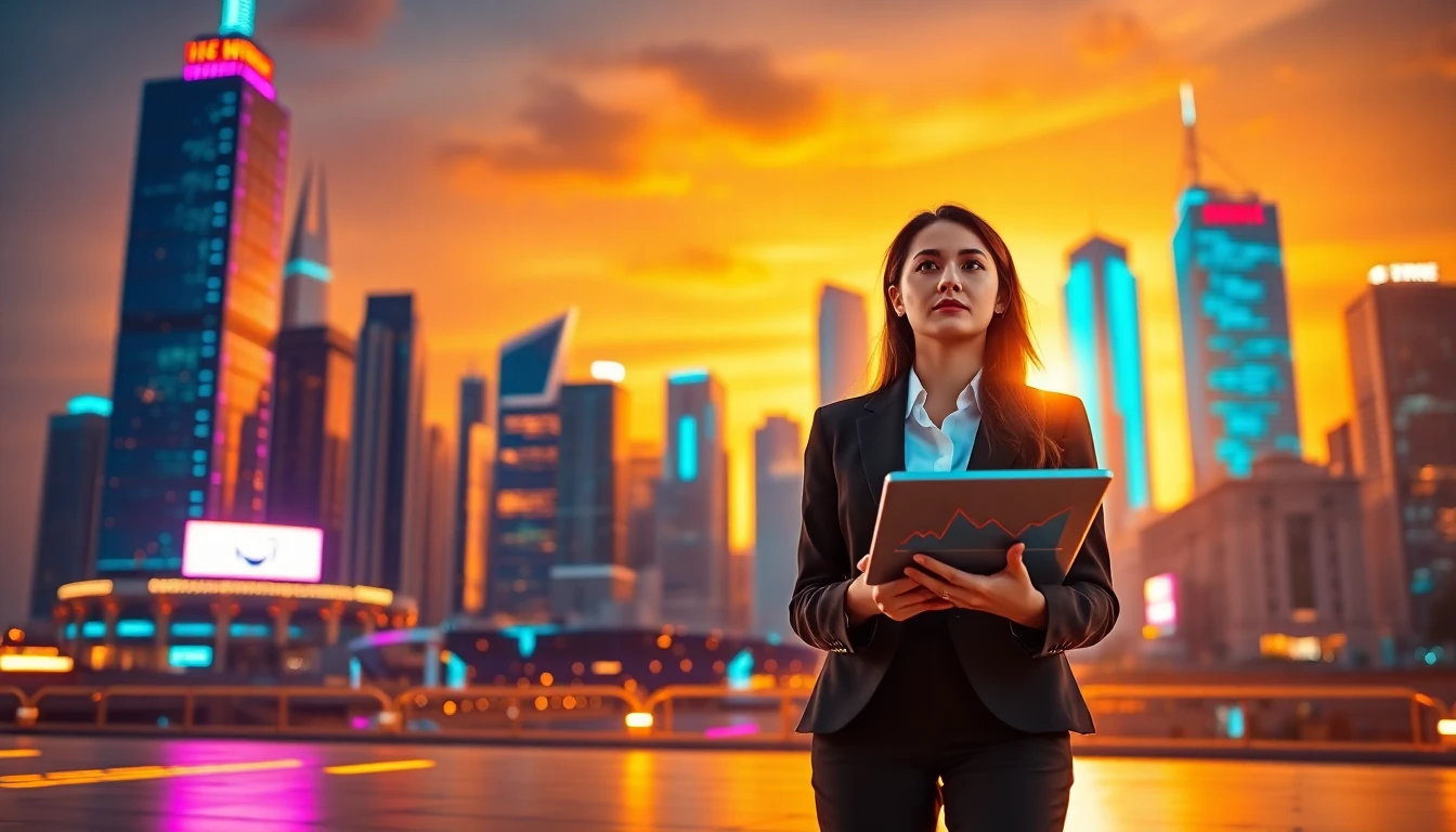 Futuristic digital cityscape at sunset with businesswoman and holographic finance displays