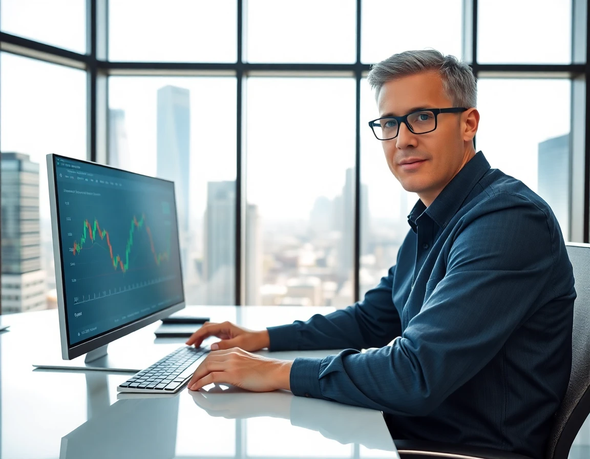 Young professional analyzing financial charts at modern office desk with city view