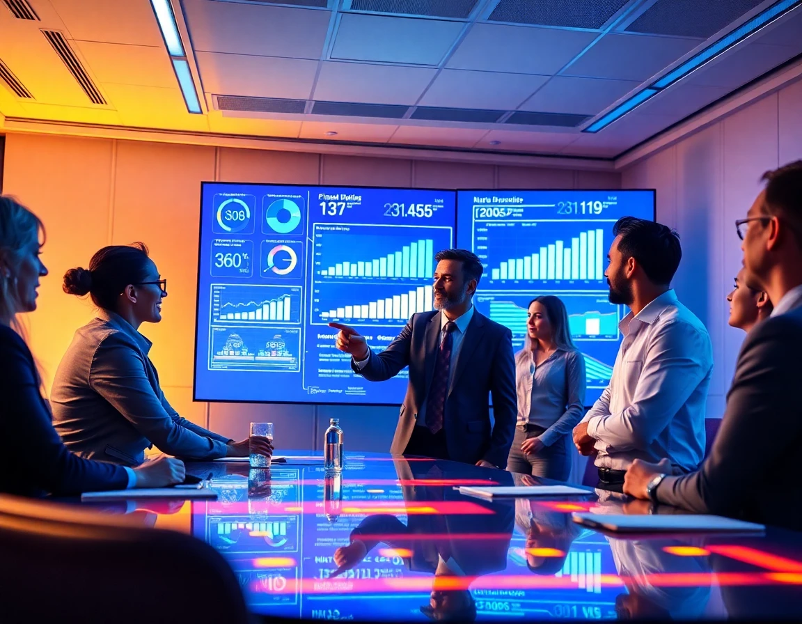 Financial advisors collaborating with holographic data projections in conference room