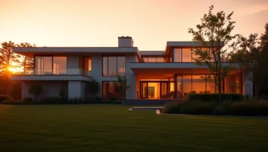 Cinematic wide banner of a futuristic Bloxburg house at sunset with modern architecture and lush landscape