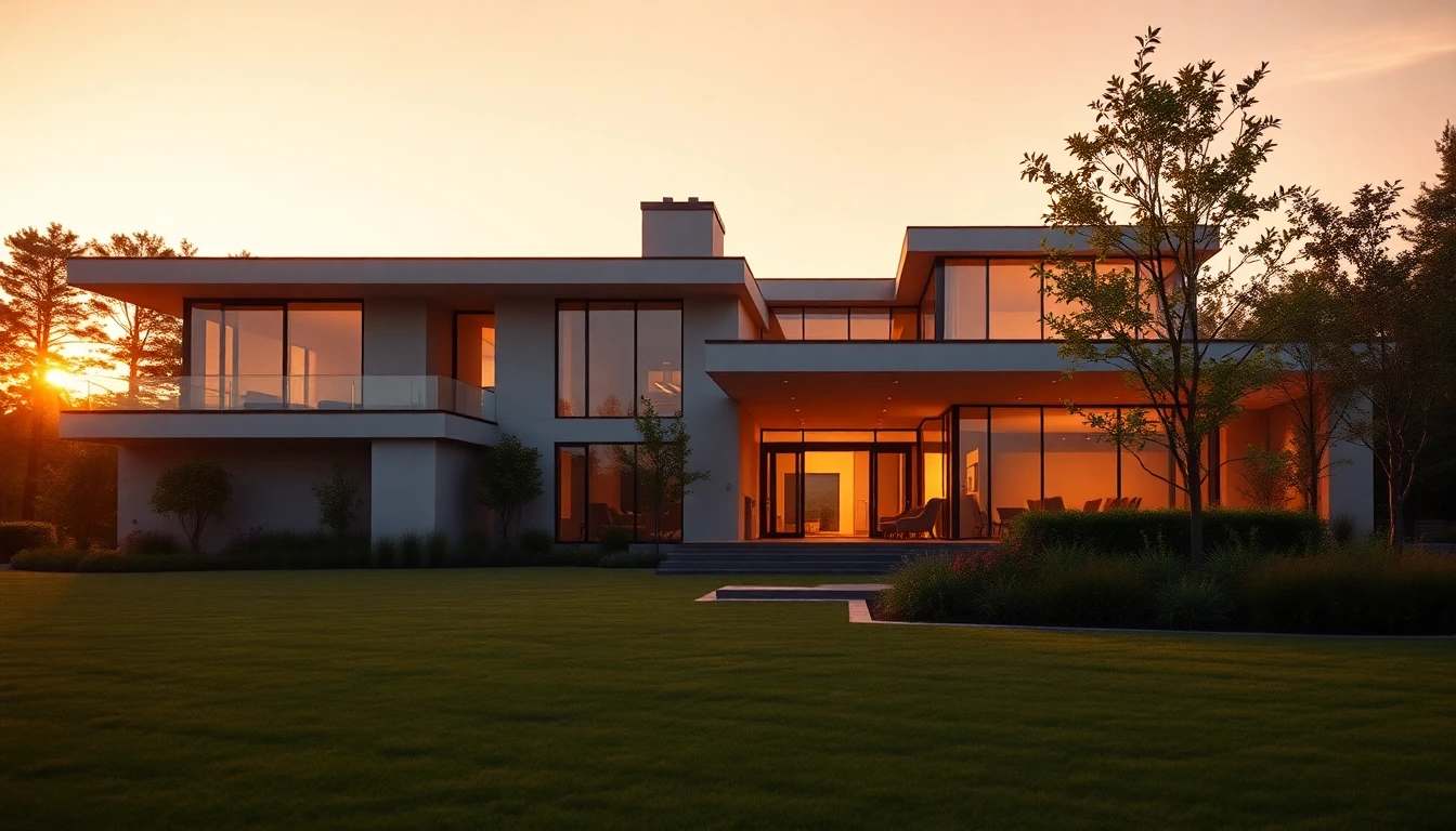 Cinematic wide banner of a futuristic Bloxburg house at sunset with modern architecture and lush landscape