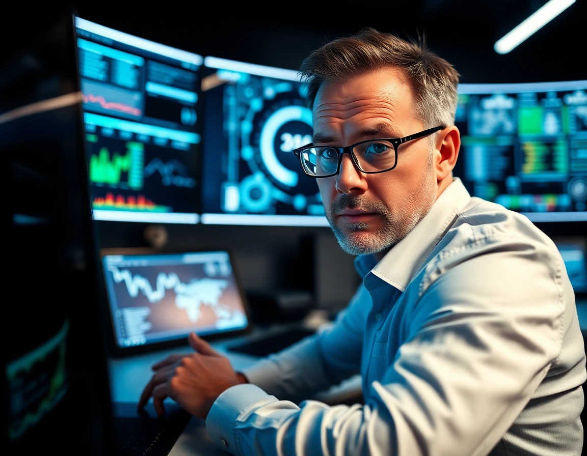Professional man analyzing data on monitor in control room, blue LED lighting, serious authoritative mood