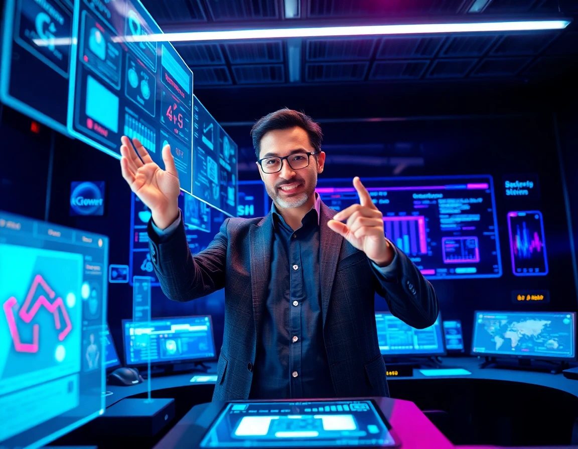 Expert demonstrating advanced TechLokesh Org tips with holograms in futuristic control room