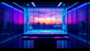 Futuristic digital workspace with holographic interface and neon lighting representing TechLokesh Org