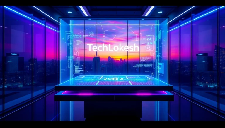 Futuristic digital workspace with holographic interface and neon lighting representing TechLokesh Org
