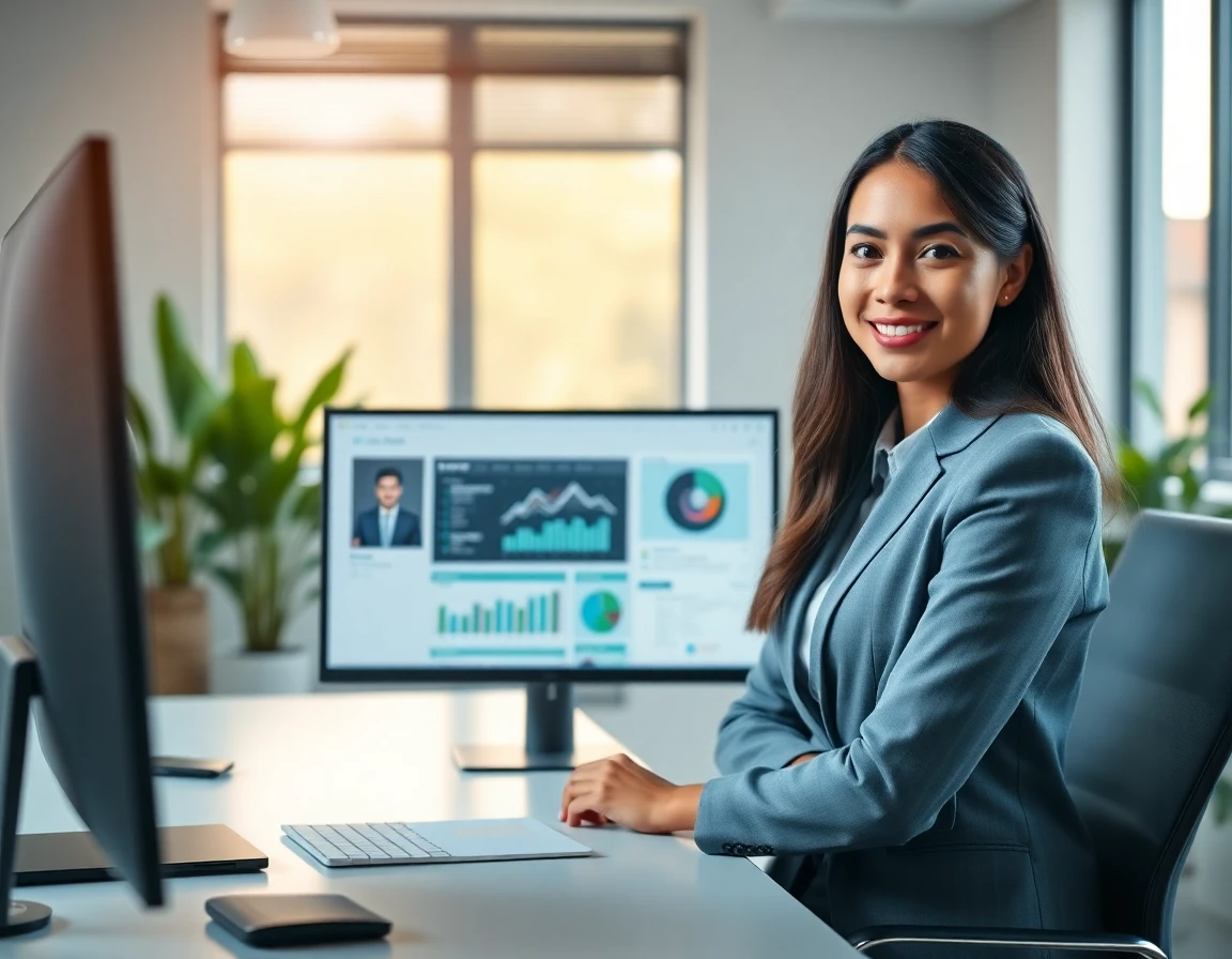 Young professional woman using TechLokesh Org dashboard in modern office setting
